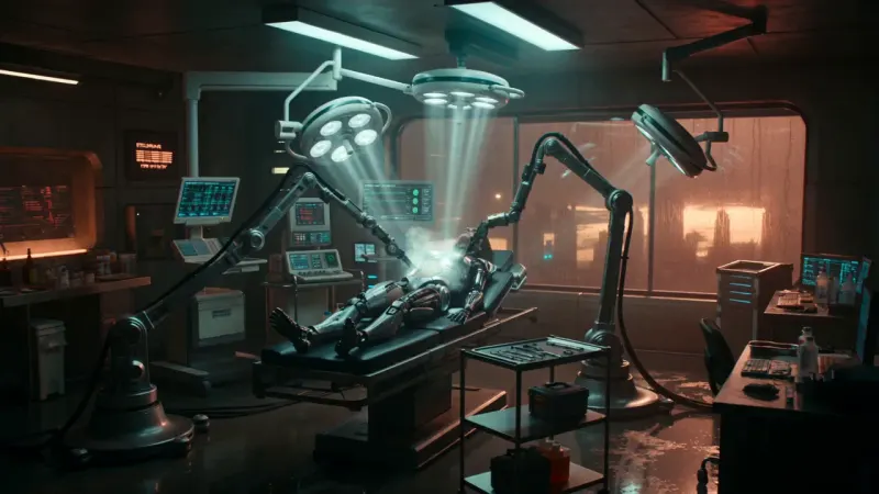 Robot Walking in Neon Rain