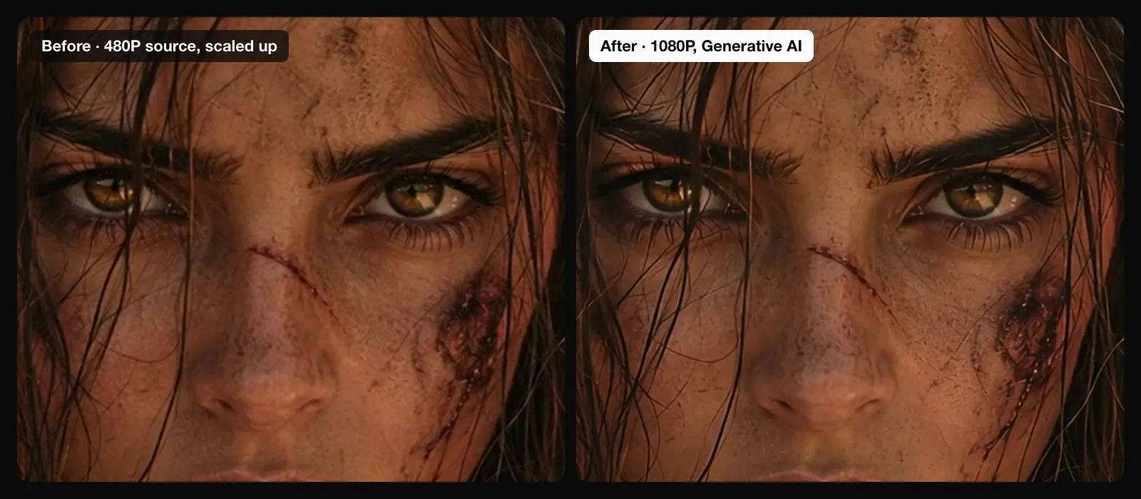 Close-up comparison: a 480P AI-generated clip scaled up on the left, and the same frame upscaled to 1080P by the Generative AI model on the right