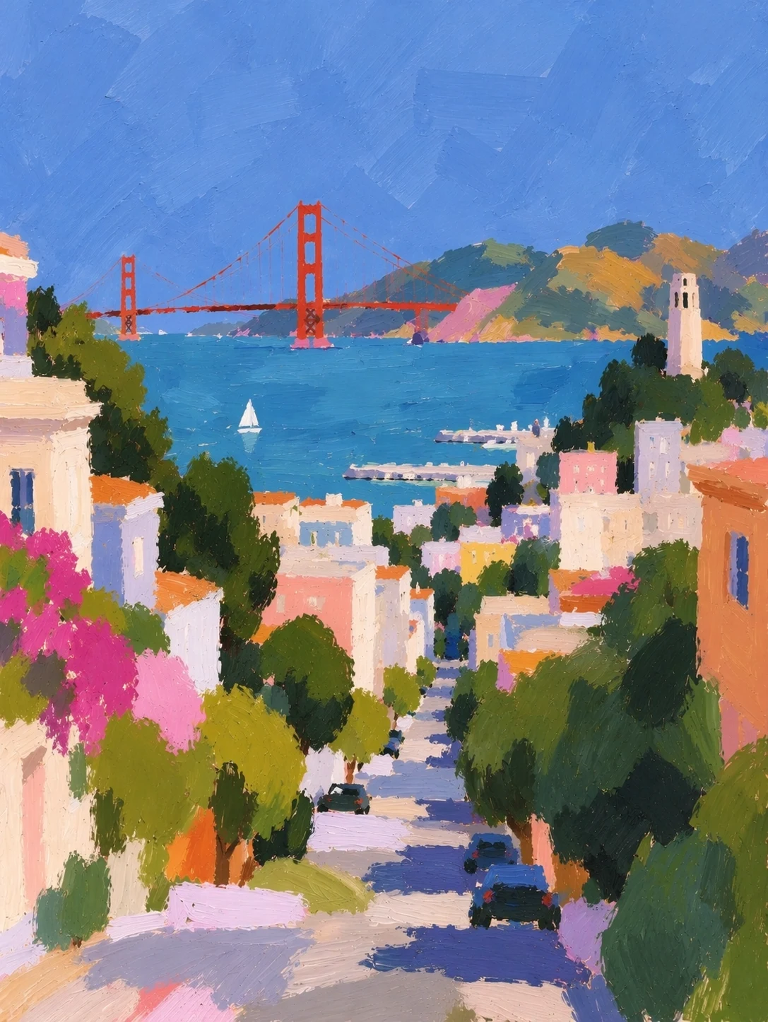 A painterly San Francisco street overlooking the bay.