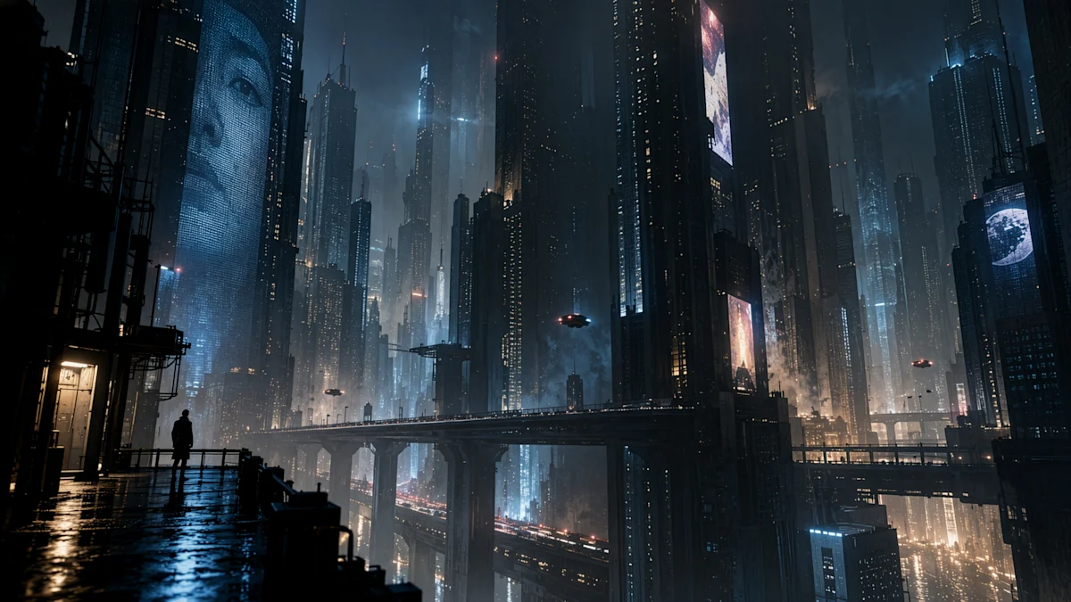 A person overlooking neon-lit futuristic towers.