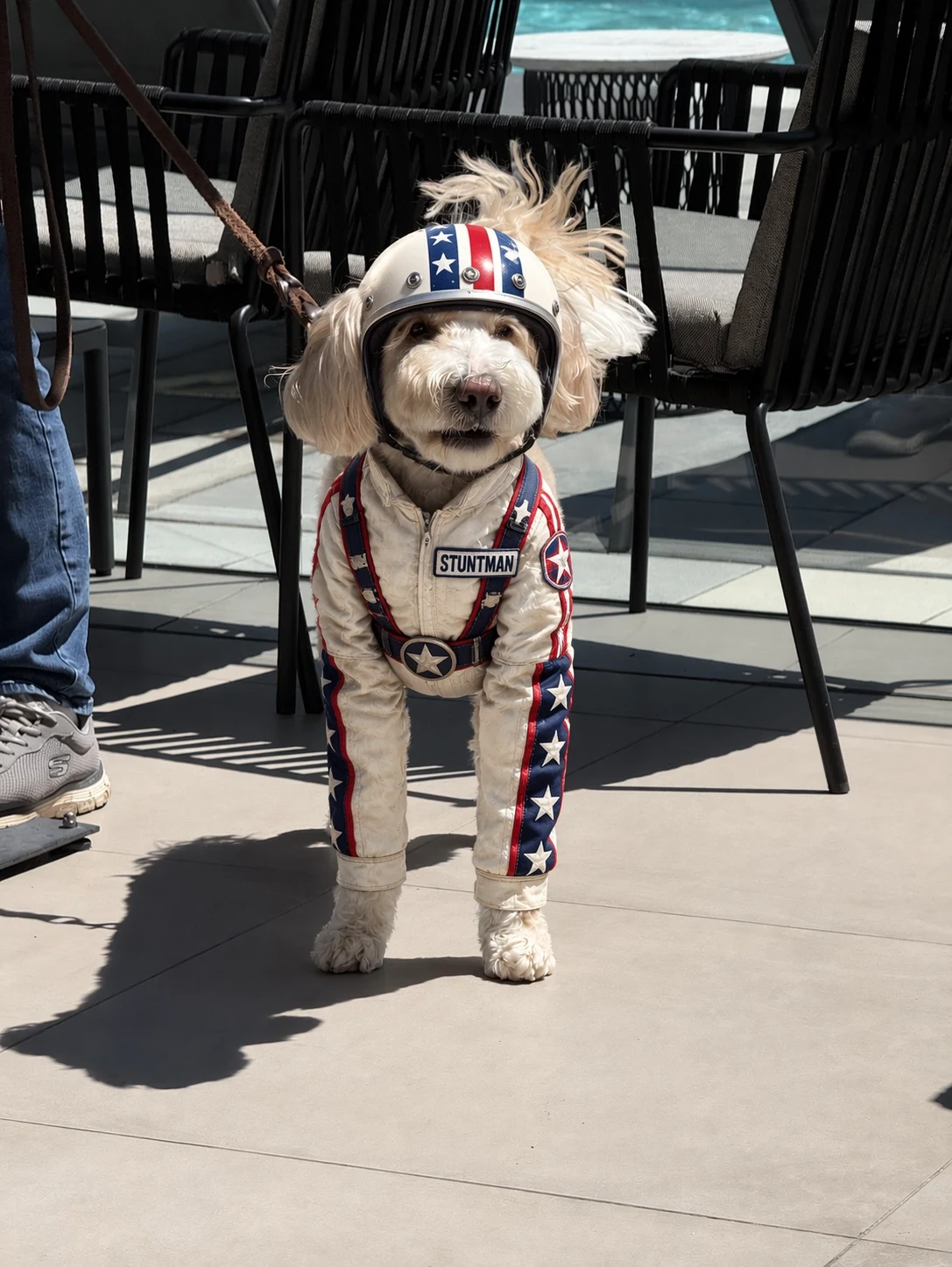 The dog wearing a stunt suit and helmet.