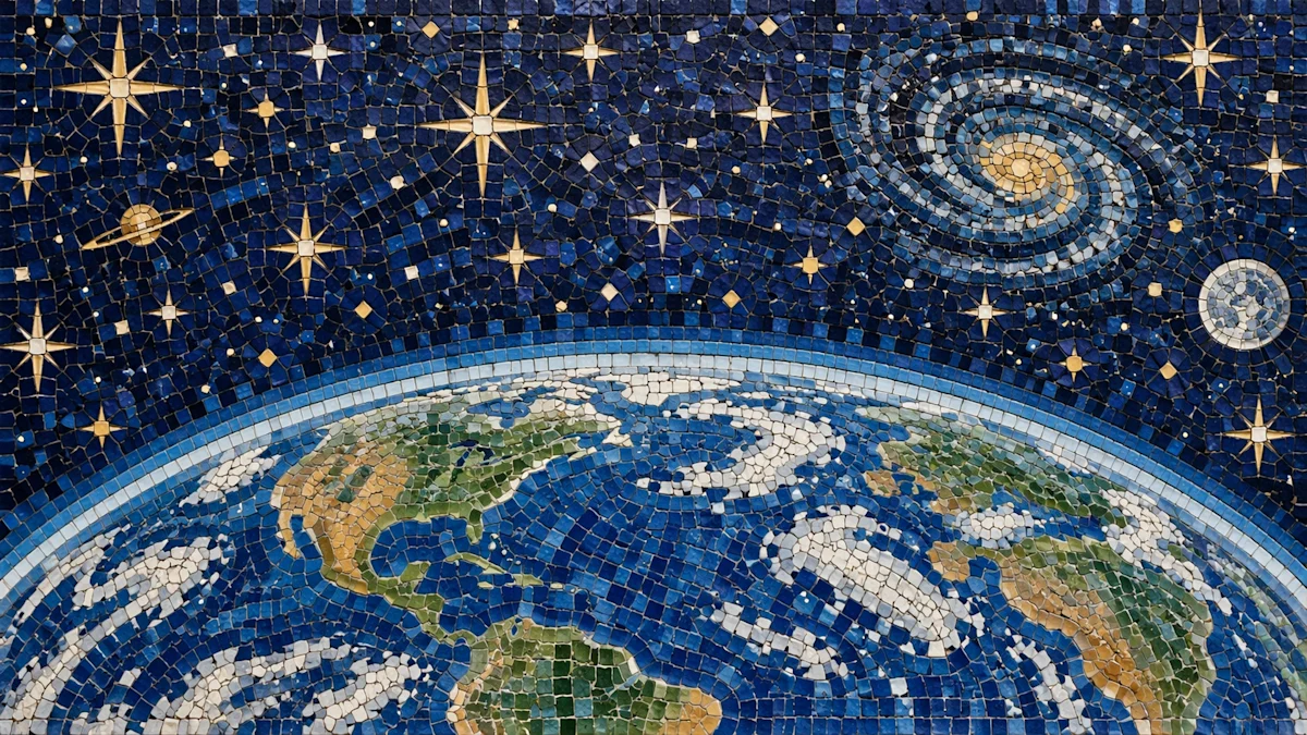 Blue and gold mosaic tiles depicting Earth and stars.