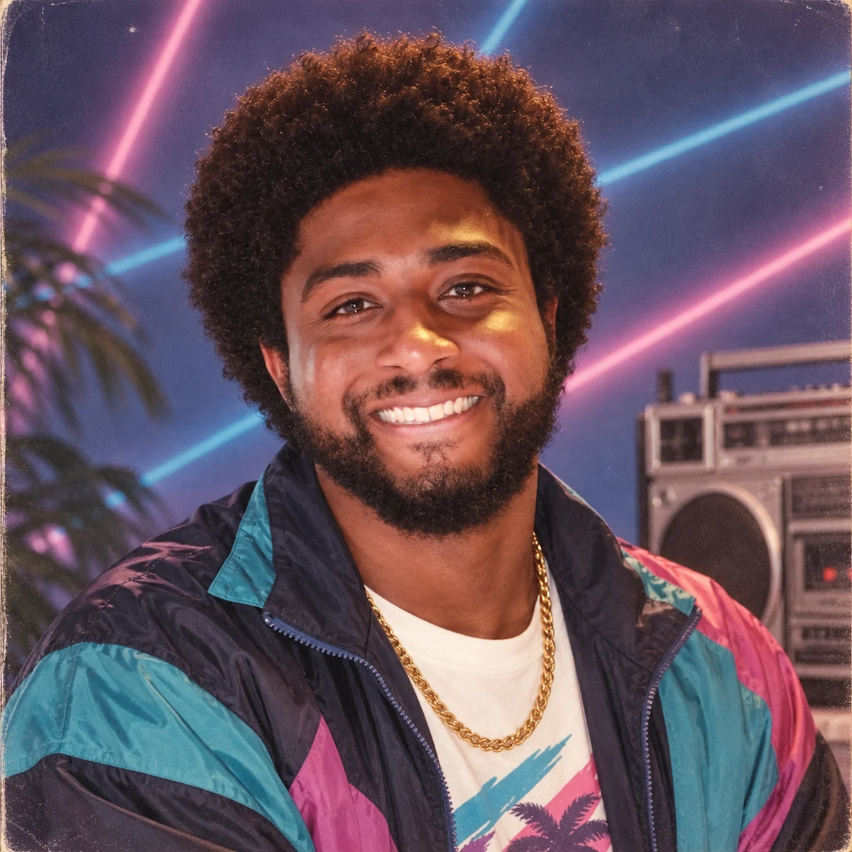 A smiling man in a colorful eighties-style windbreaker.