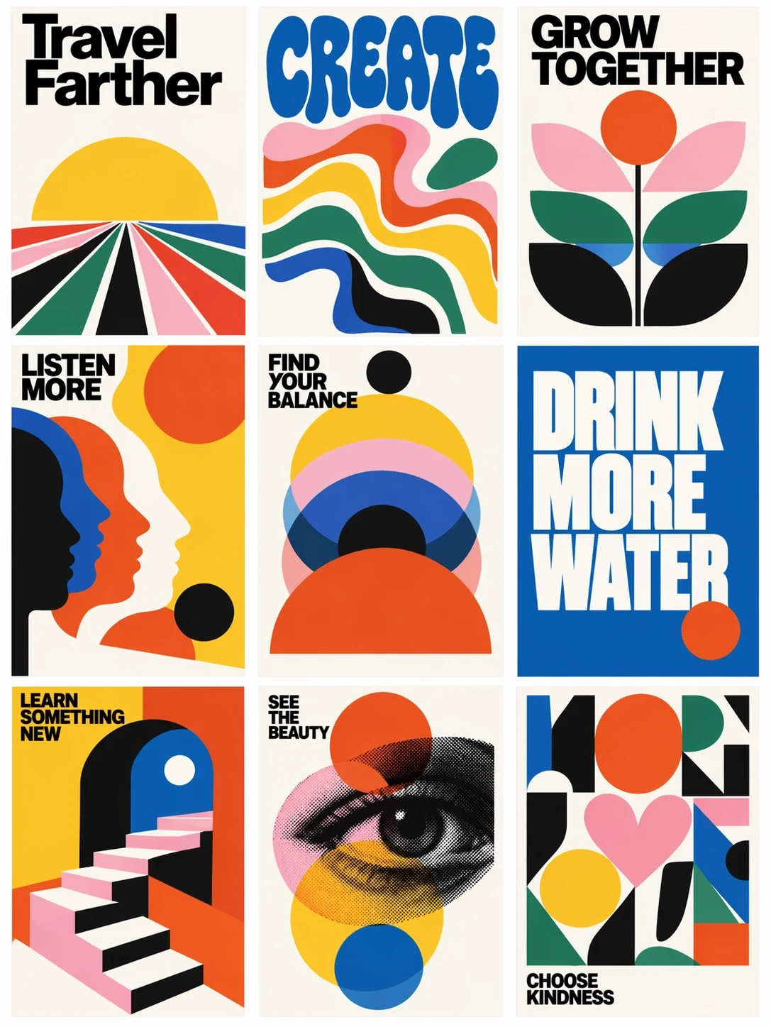 Colorful geometric posters with bold lettering.