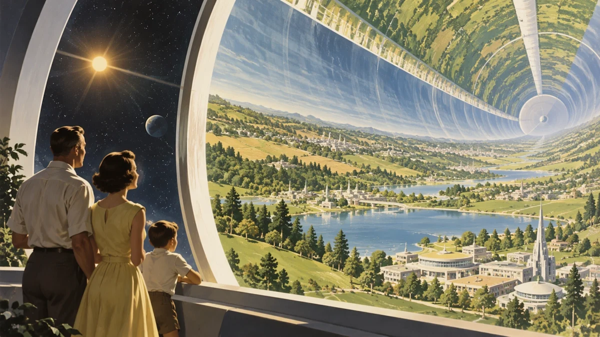 A family overlooking a retro-futuristic space habitat.