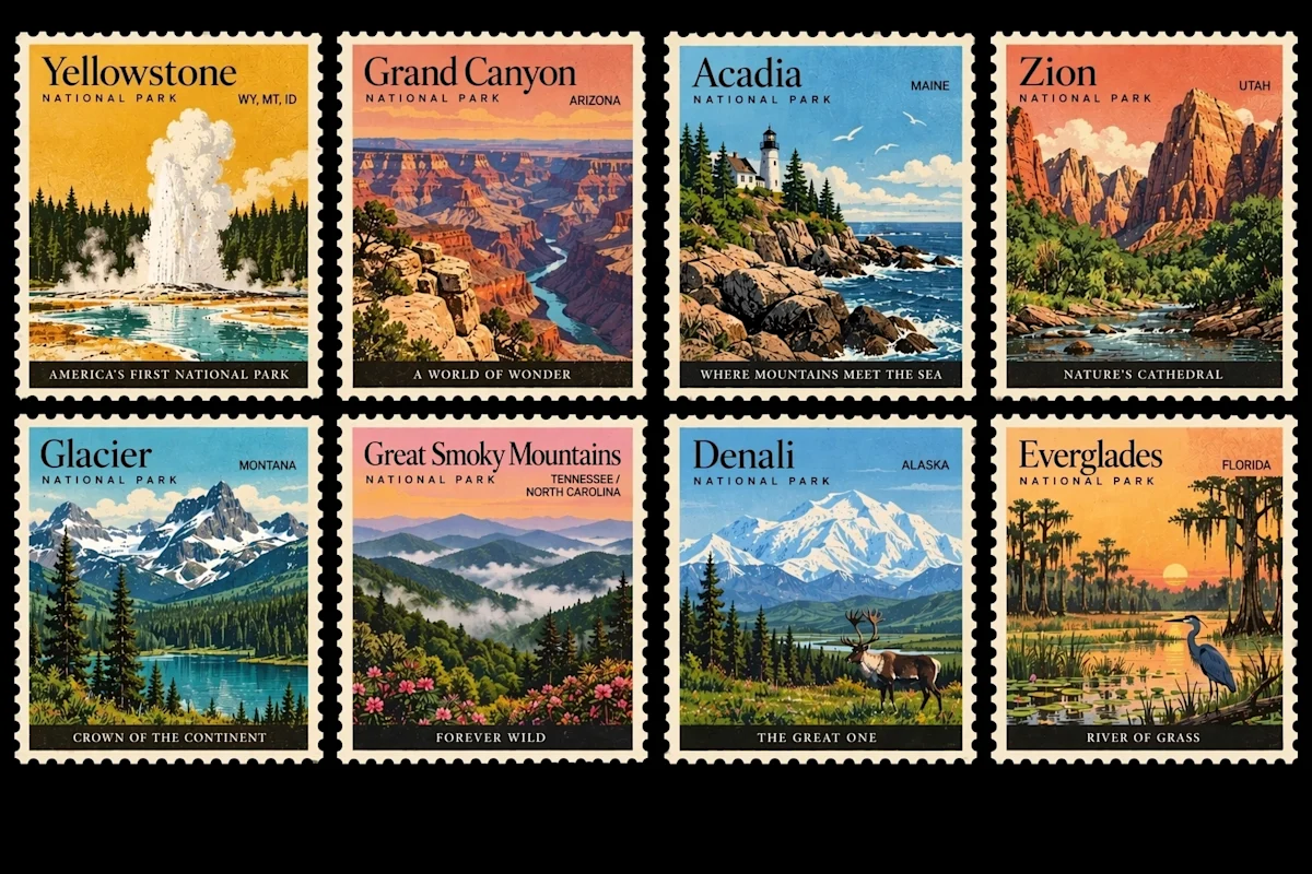 Illustrated national park postage stamps.