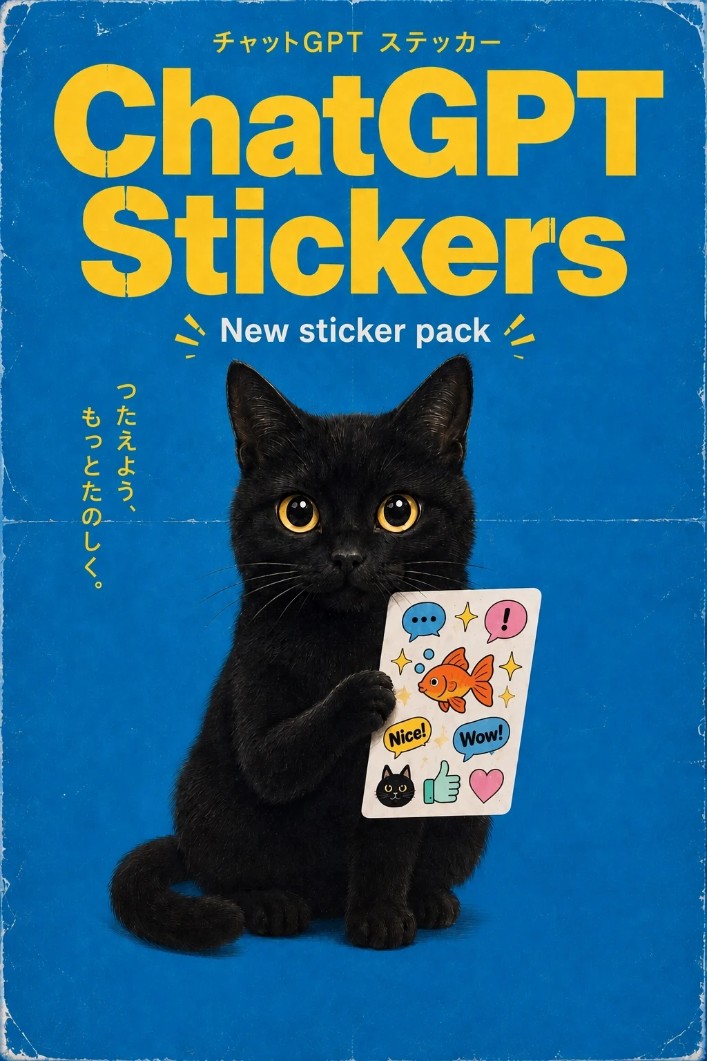 A blue and yellow sticker poster with a black cat.