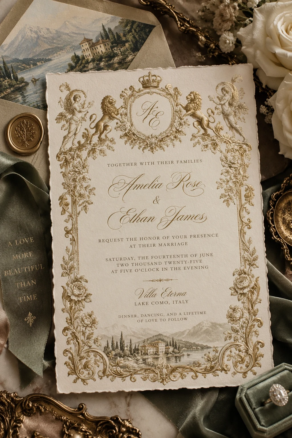 A cream and gold botanical wedding invitation.